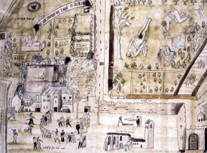 1567 drawing of Kirk o' Field after the murder of Henry Stuart, Lord Darnley, drawn for William Cecil shortly after the murder. Darnley's body can be seen lying in the field.